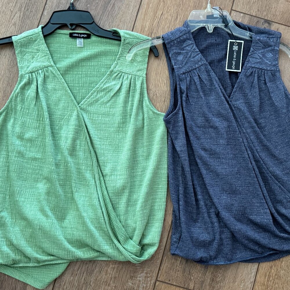 TWO Cable & Gauge Embroidered Sleeveless Blouses Size M Navy NWT  &  Green NWOT